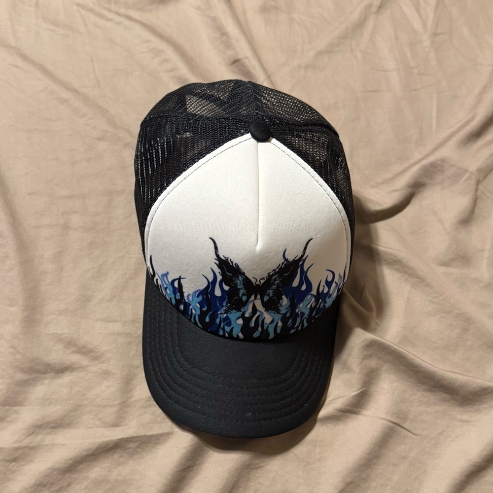 Hollister Black and White Trucker Hat with Blue Flame Design